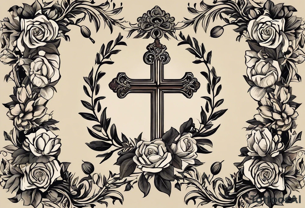 this ins meant to be a collage style that will cover the forearm from the wrist to elbow. Give me an olive branch on wirst at bottom shaped like a manura lamp. A cross above that with smallers olive and rose branches and roses arount it with a crown above the cross on bothe sides small hebrew letters that say king of glory and the other says yeshua messiah in hebrew . Not too many roses. Only black and white tattoo idea