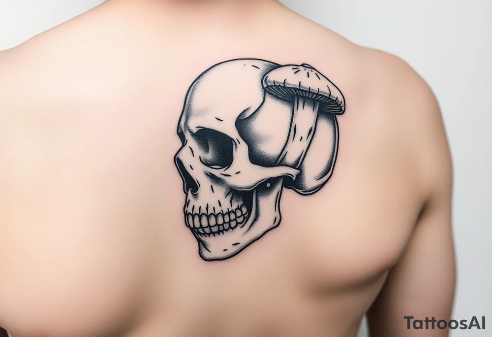 right side of a skull with grown out mushroom out of its eyes tattoo idea