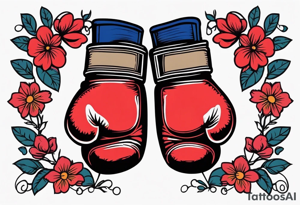 boxing gloves and flowers around the gloves  bold colors traditional old school vintage tattoo idea