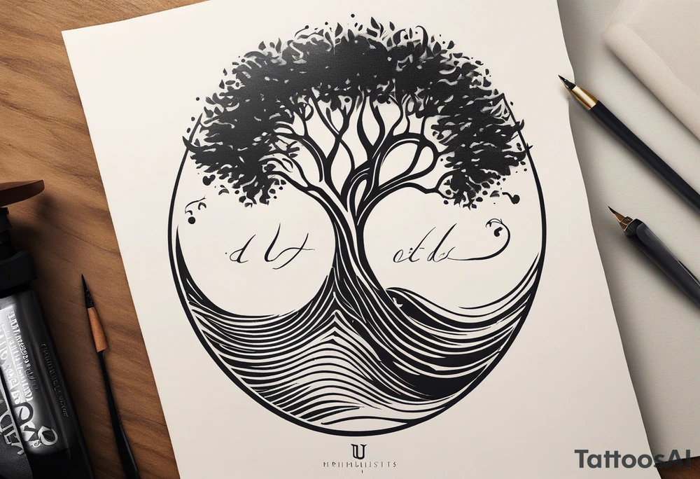 A tattoo design that incorporates the following elements: an abstract tree of life that has roots emerging  from the ground. Waves of water encapsulate the tree and wind around it in an organic way.  Incorporate music.   the letters U and A are overlapping and engraved into the tree. The game of golf incorporated but not prominent. tattoo idea