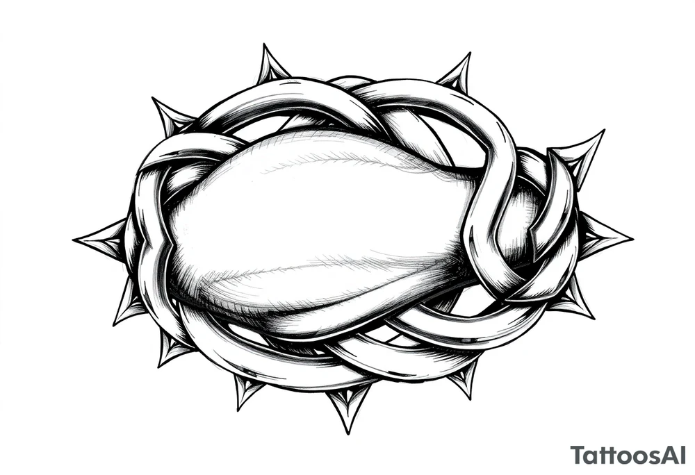 A Celtic knot armband with interwoven loops, featuring pointed ends that give it a dynamic, thorned or blade-like appearance. Designed to wrap the bicep and tricep like a torc or tribal band tattoo idea