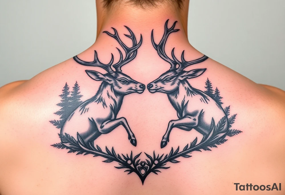 Photo realistic Vertical aligned nature scene with two deer fighting. Heavy detail in the back ground. This is going on a fire arm

This ai sucks tattoo idea