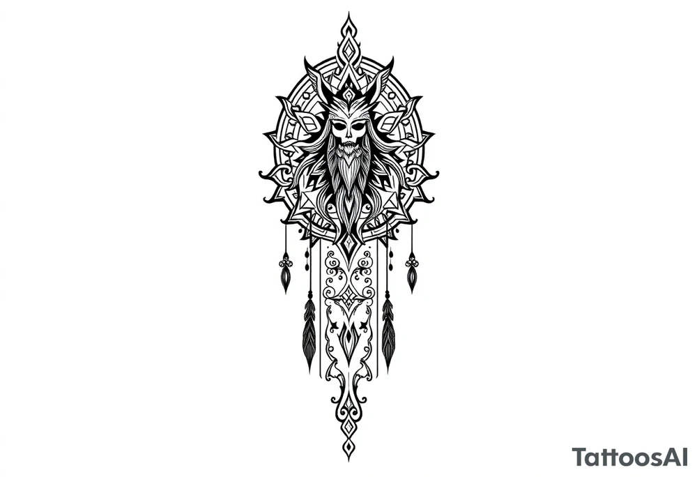 mystical long ornament tattoo with shaman and witch style and ancient rhyme tattoo idea