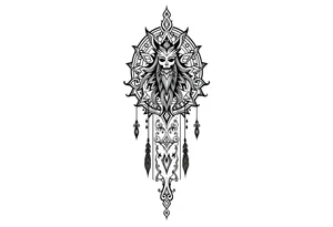 mystical long ornament tattoo with shaman and witch style and ancient rhyme tattoo idea