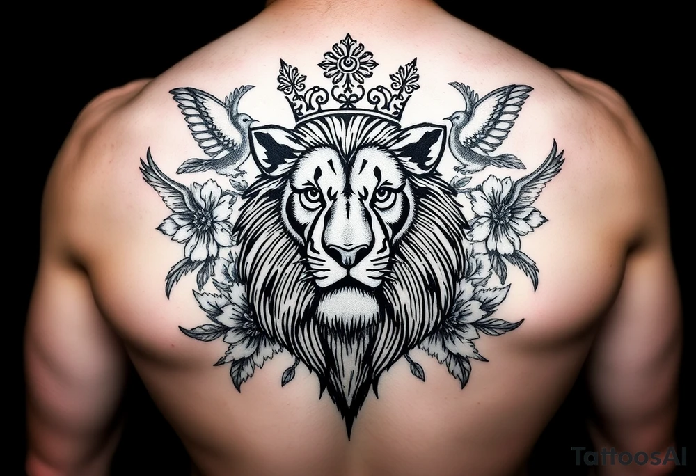 powerful majestic lion with a crown, surrounded by floral ornaments and birds tattoo idea