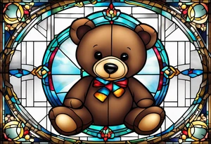 Teddy bear with gift box stained glass tattoo idea