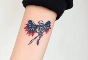 A winged skeleton clutching a scythe, its wings composed of intertwined black and blood-red feathers with highlights of dark orange at the edges. tattoo idea