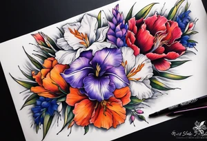 half arm sleeve. floral tattoo of purple gladiolous flowers, pink peonies, red hawthorns, orange marigold, navy blue sweet peas, and white paper white narcissus tattoo idea