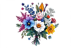 Beautiful Bouquet made up of Heather, pansy, oak, queen Anne’s lace, and honeysuckle. tattoo idea