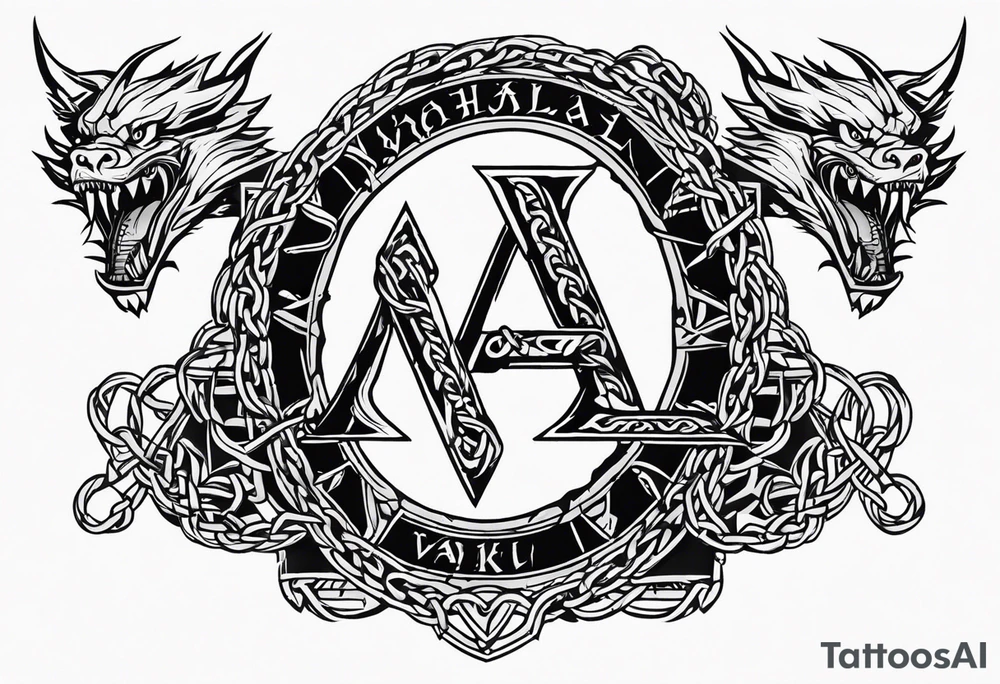 Valhalla sword shield dragon axe Valknut barbed wire chains fire tattoo idea Valhalla sword shield dragon axe Valknut barbed wire chains fire tattoo idea