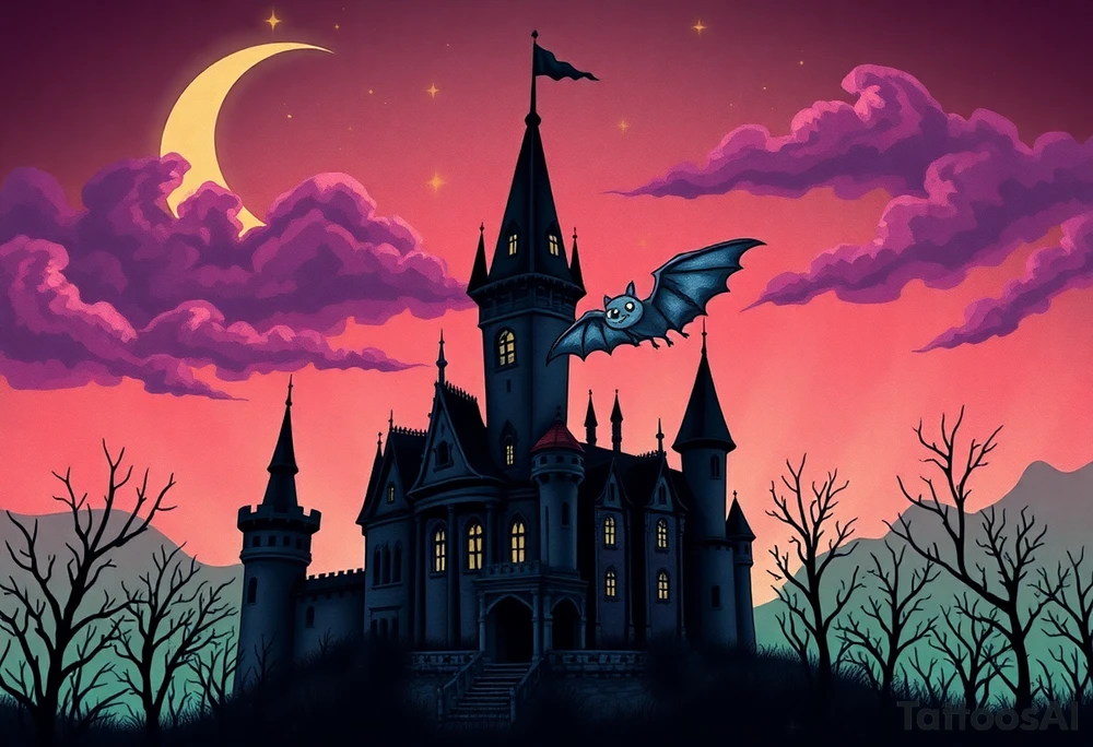 Tim Burton’s haunted castle is abandoned and dripping with muted reds, dusty pinks, and eerie green glow.purple and cyan smokey clouds swirl in the crescent moonlit sky thats sprinkled with stars under the castle an adotable kawaii bat spreads its wings tattoo idea tattoo idea
