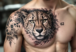 realistic cheetah covering the entire side chest with the number 62 tattoo idea