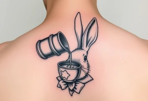 The mad hatter pouring a cup of 
tea into the white rabbits head tattoo idea