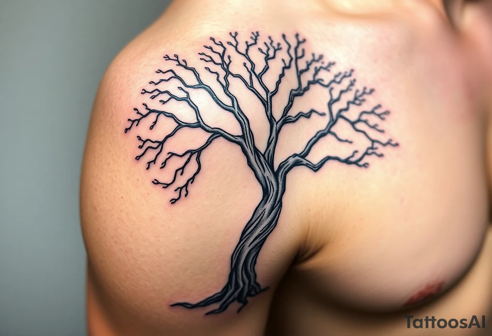 Large Flowing asymmetrical Yggdrasil tree that extends down arm and onto back and chest. Bold and simple branches that do not look realistic. tattoo idea