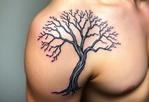 Large Flowing asymmetrical Yggdrasil tree that extends down arm and onto back and chest. Bold and simple branches that do not look realistic. tattoo idea