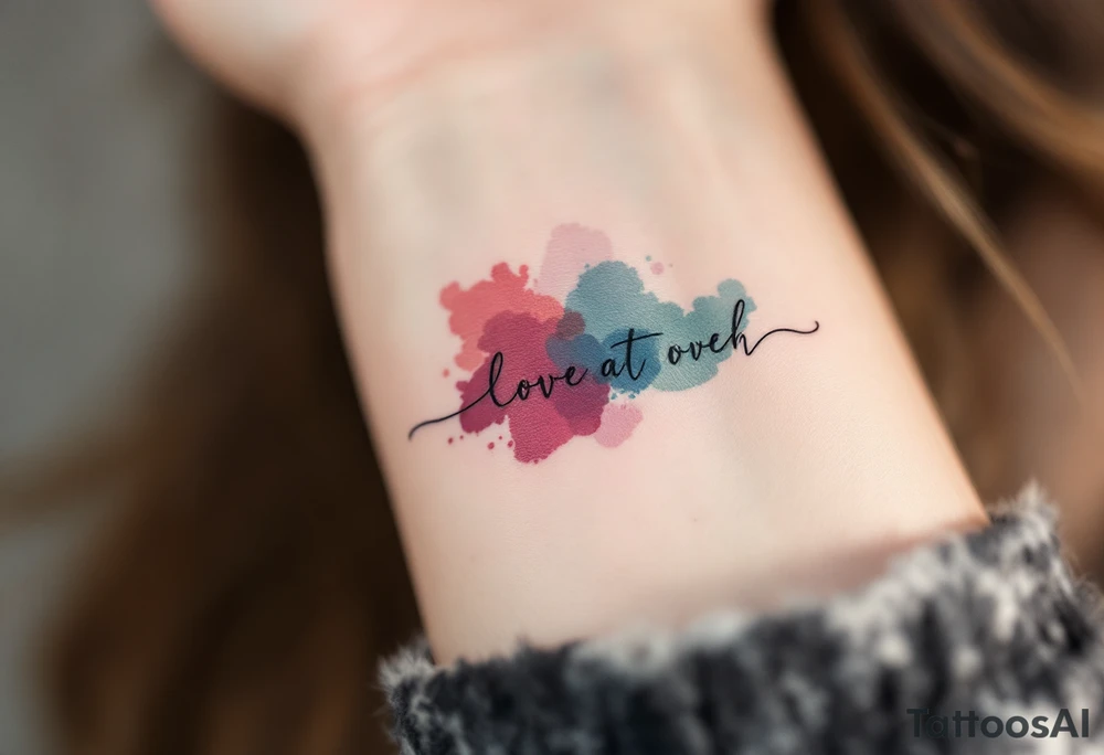 Clean black line text with abstract watercolor bursts in wine red, indigo, and moss green. tattoo idea
