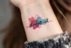 Clean black line text with abstract watercolor bursts in wine red, indigo, and moss green. tattoo idea