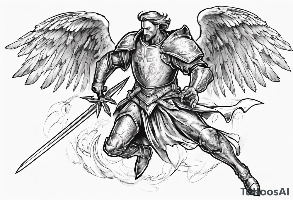 An angel Knight in mid-air with his sword about to attack in isometric view tattoo idea