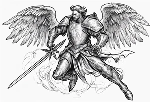 An angel Knight in mid-air with his sword about to attack in isometric view tattoo idea