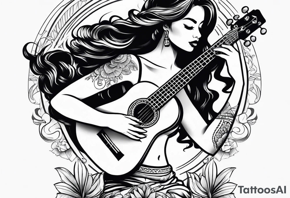 hula girl squating and dance with ukulele tattoo idea