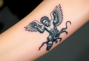 Angel grabing for mans hand ass he's being pulled to hell by demons tattoo idea