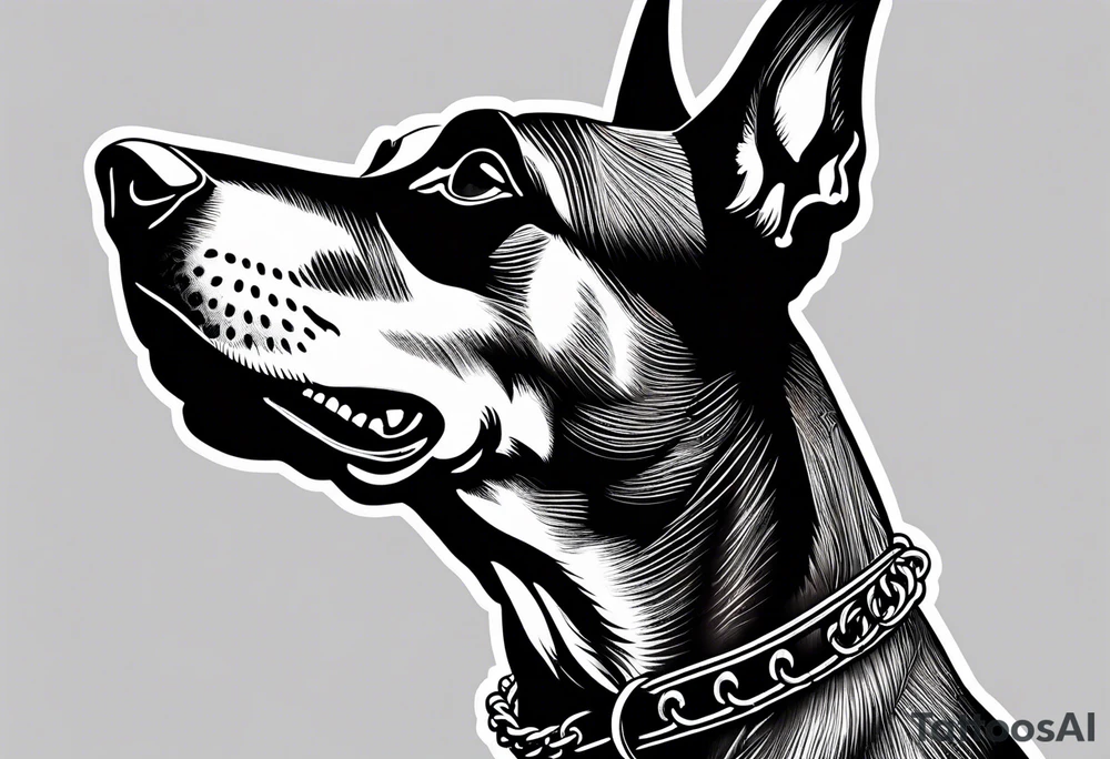 Doberman with open mouth biting
Wearing chain tattoo idea