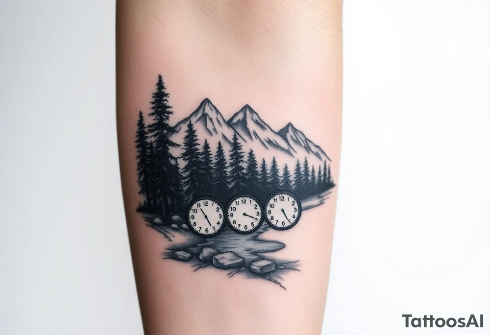 Forest landscape with mountains and a river, with three clocks in the river with dates tattoo idea