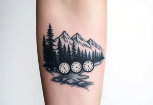 Forest landscape with mountains and a river, with three clocks in the river with dates tattoo idea