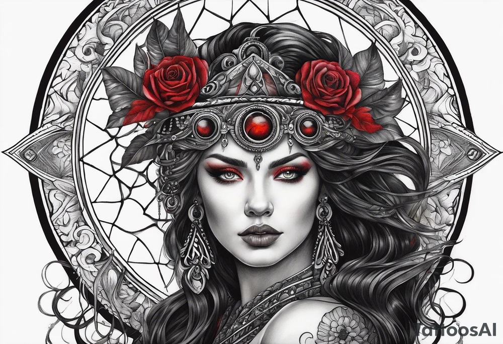 eclipse, vibrant colors (reds and blacks), dark fantasy tattoo idea
