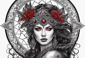 eclipse, vibrant colors (reds and blacks), dark fantasy tattoo idea
