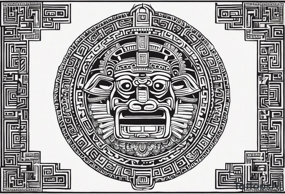 Create a right chest tattoo of Quetzalcoatl based on the original depiction discovered in the Pyramid of the Sun at Teotihuacan. Use the ancient feathered serpent form, with Quetzalcoatl's body coiling in a strong, fluid motion across the chest. Maintain the authenticity of the Teotihuacan style, with bold, angular geometric patterns and intricate detailing in the scales and feathers. The face should feature a traditional Mesoamerican headdress and mask, with the god's fierce, regal expression preserved. Make the eyes intense and striking, with sharp fangs protruding. Use black and gray shading to give the design depth, keeping the ancient stone carving aesthetic, but add subtle modern touches to enhance the masculine and powerful feel. Incorporate authentic Aztec motifs around the serpent, like the sun and stepped pyramids, as part of the chest piece to anchor the design in its historical context tattoo idea