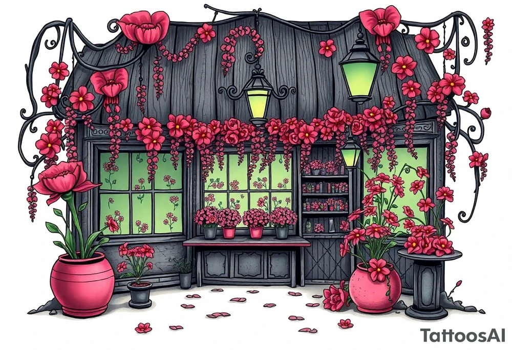 Tim Burton’s flower shop is abandoned and dripping with muted reds, dusty pinks, and eerie green glow. tattoo idea tattoo idea