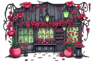 Tim Burton’s flower shop is abandoned and dripping with muted reds, dusty pinks, and eerie green glow. tattoo idea tattoo idea