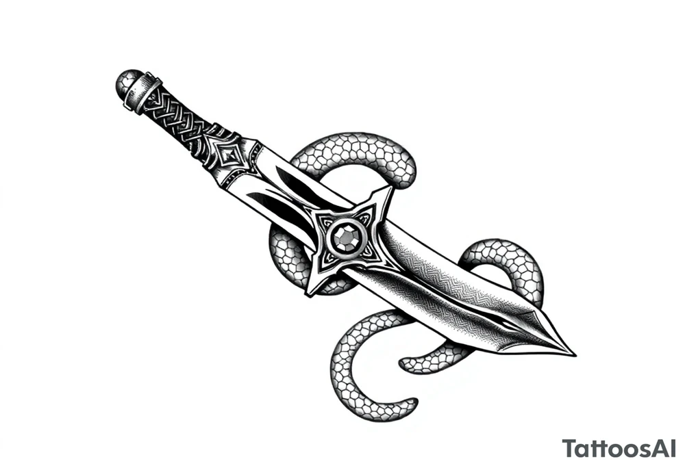 mystical snake coiled around an ancient dagger with jeweled hilt tattoo idea