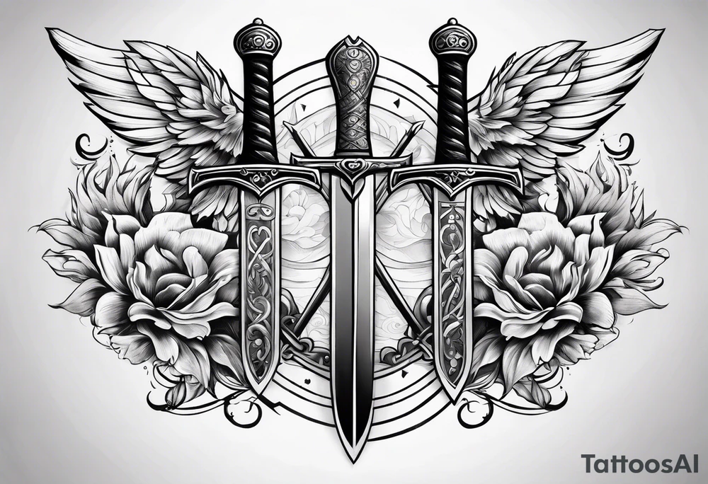 Two minimalist swords crossed on left hand tattoo idea