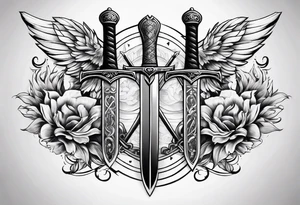 Two minimalist swords crossed on left hand tattoo idea