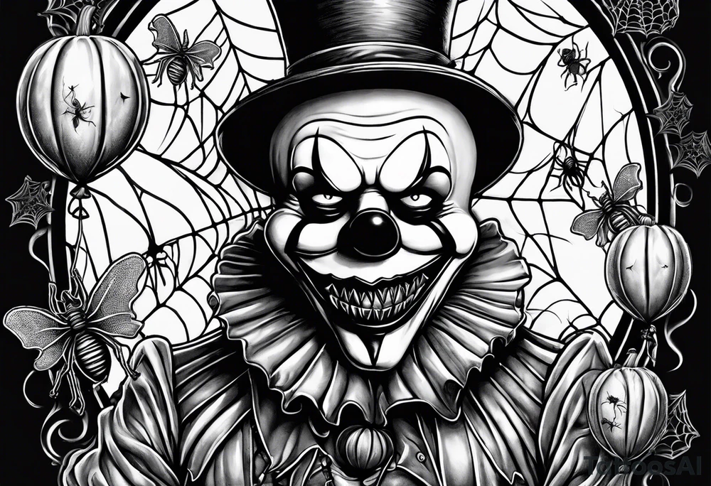 penny wise clown holding a single balloon, with spiders on webs that look evil , skulls all in a collage with other famous horror ,movie characters and an evil jack o lantern and pumpkin tattoo idea