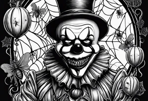 penny wise clown holding a single balloon, with spiders on webs that look evil , skulls all in a collage with other famous horror ,movie characters and an evil jack o lantern and pumpkin tattoo idea