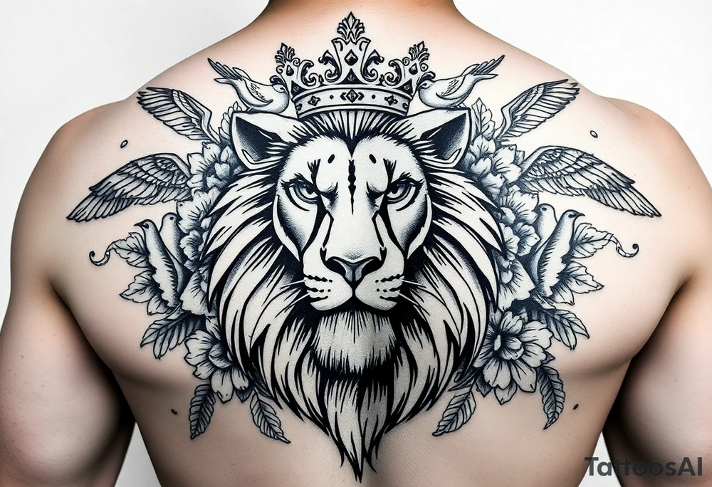 powerful majestic lion with a crown, surrounded by floral ornaments and birds tattoo idea