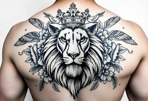 powerful majestic lion with a crown, surrounded by floral ornaments and birds tattoo idea