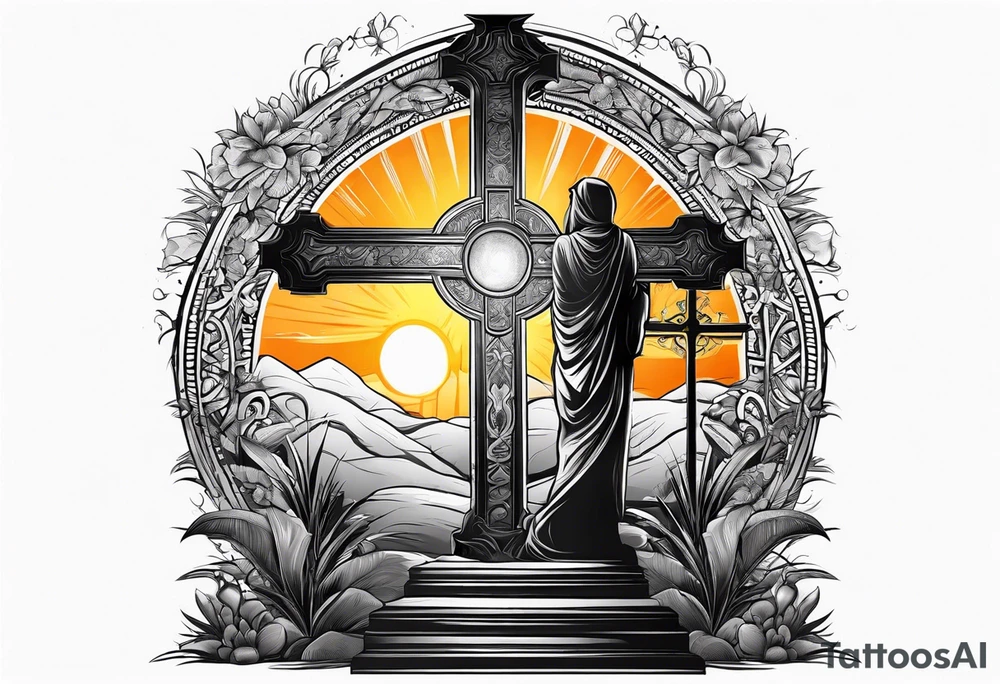 Tomb with cross and sun in the background tattoo idea