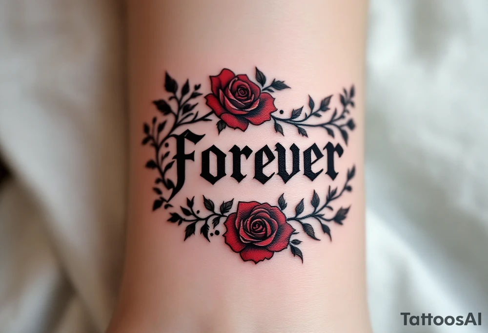 The word "forever" in black gothic font, bordered by dark crimson roses and ivy. tattoo idea