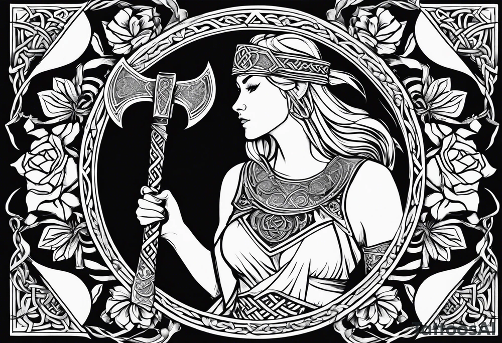 Viking goddess, axes, moonlight, flowers, Celtic, bedroom eyes, circular border, thors hammer, battle axe tattoo idea