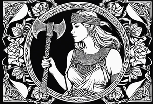 Viking goddess, axes, moonlight, flowers, Celtic, bedroom eyes, circular border, thors hammer, battle axe tattoo idea