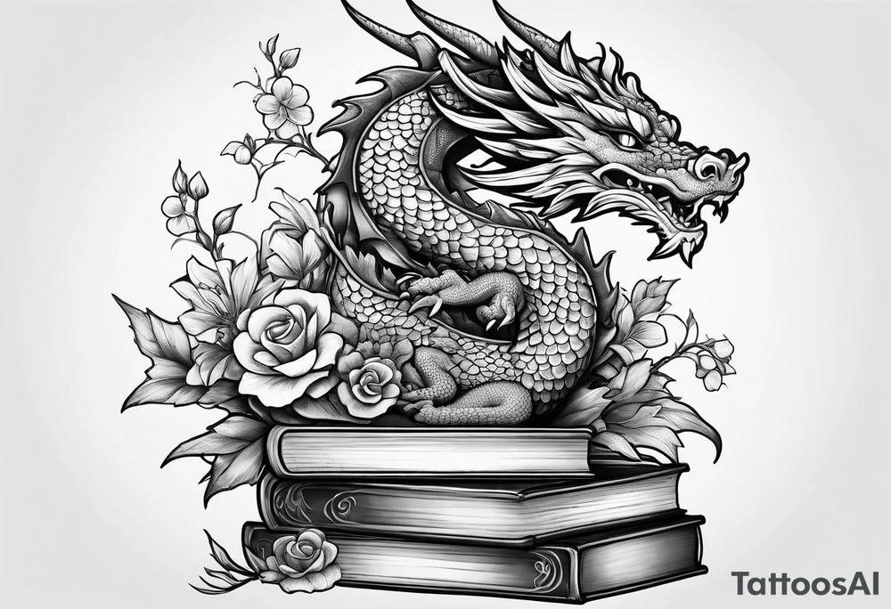 Dragon stack of books flowers tattoo idea