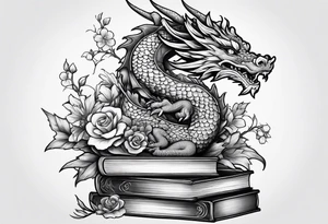 Dragon stack of books flowers tattoo idea
