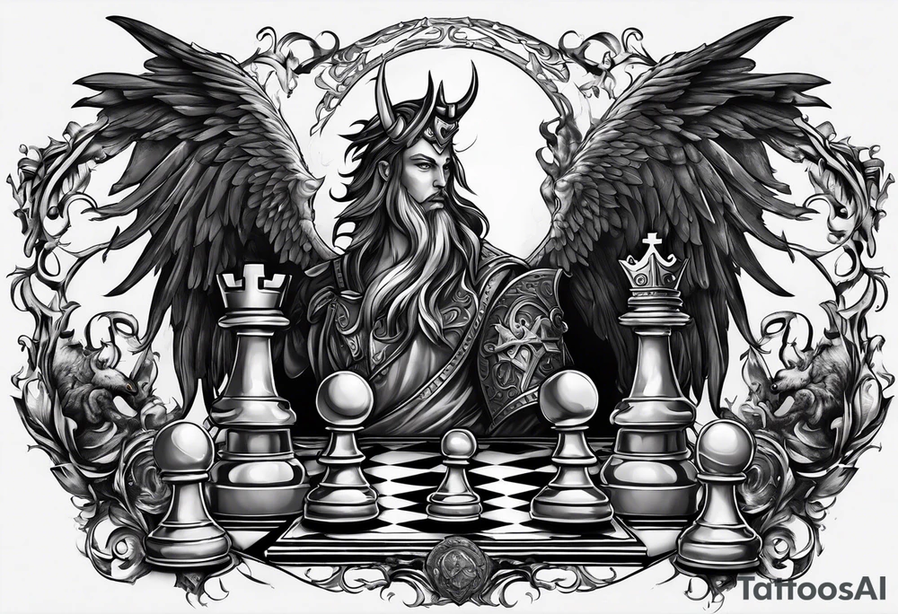 Design featuring a chessboard with angelic and demonic chess pieces engaged in a strategic game, symbolizing the eternal battle between good and evil tattoo idea