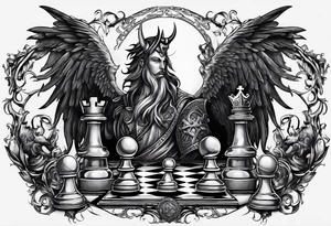 Design featuring a chessboard with angelic and demonic chess pieces engaged in a strategic game, symbolizing the eternal battle between good and evil tattoo idea