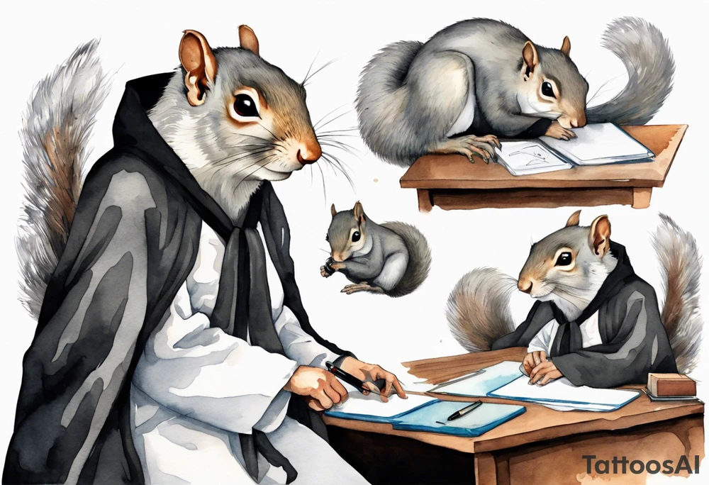 an elderly grey squirrel with a long beard wearing a black robe witting at a desk tattoo idea