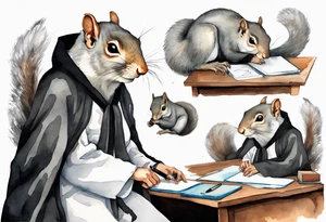 an elderly grey squirrel with a long beard wearing a black robe witting at a desk tattoo idea